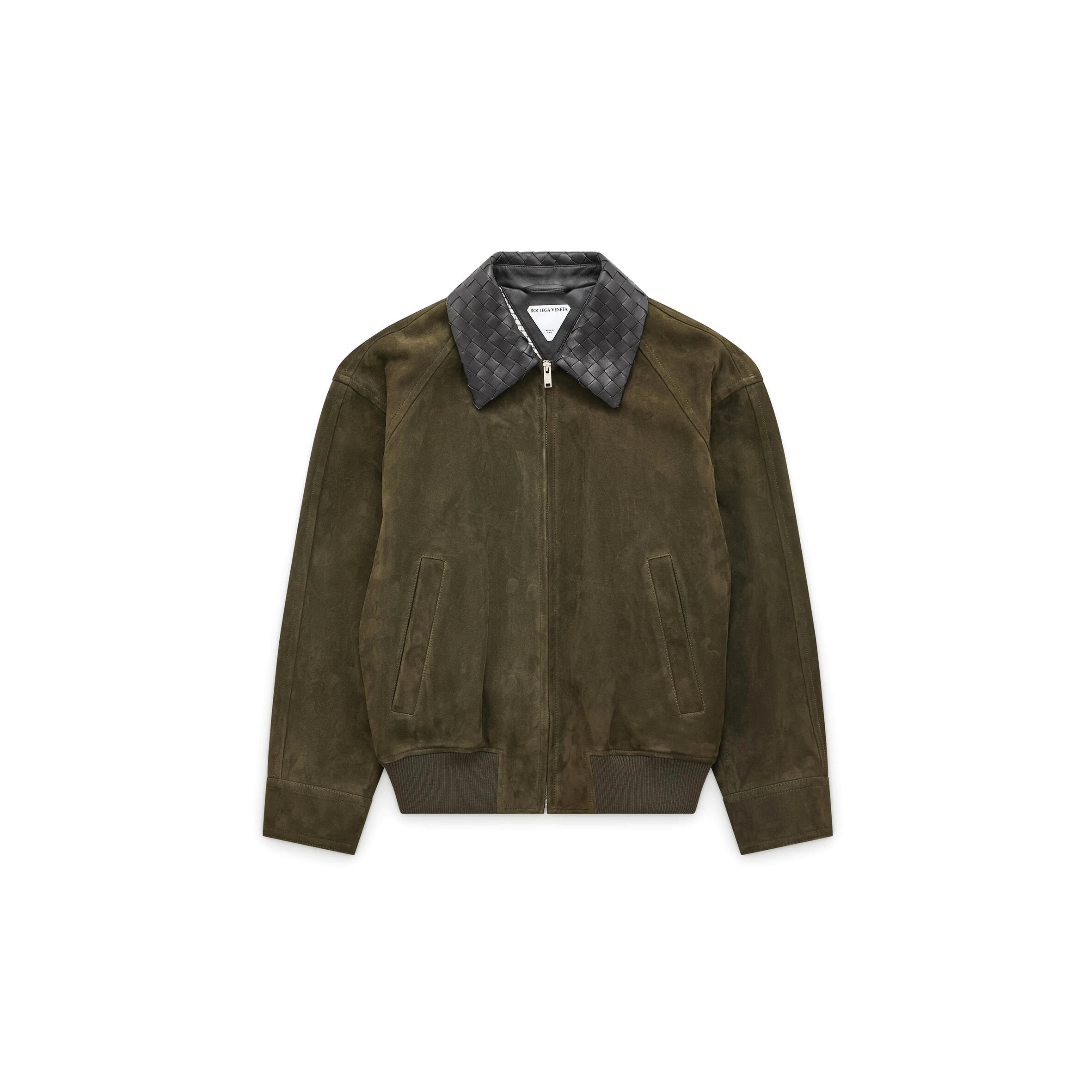 BOTTEGA VENETA INTRECCIATO LEATHER-TRIMMED SUEDE BOMBER JACKET